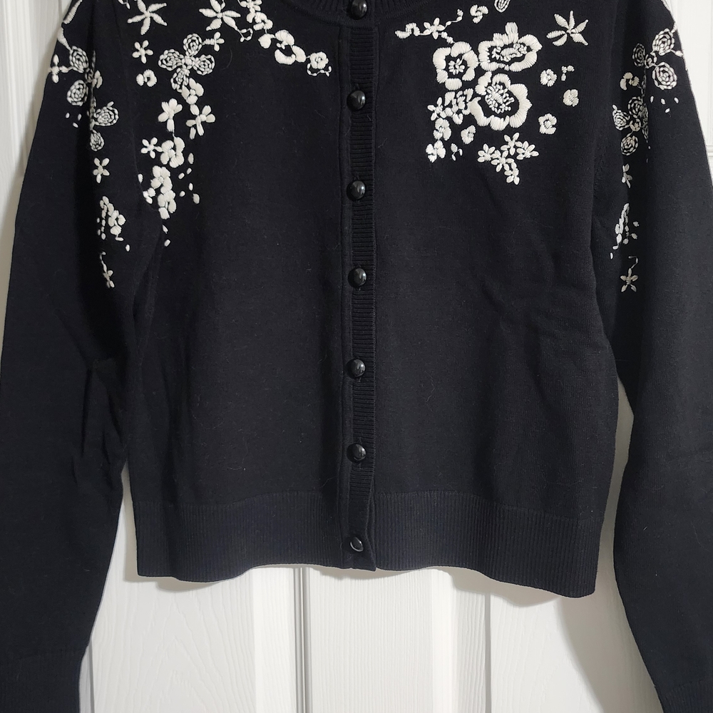 CAbi Black Cardigan with White Floral Design